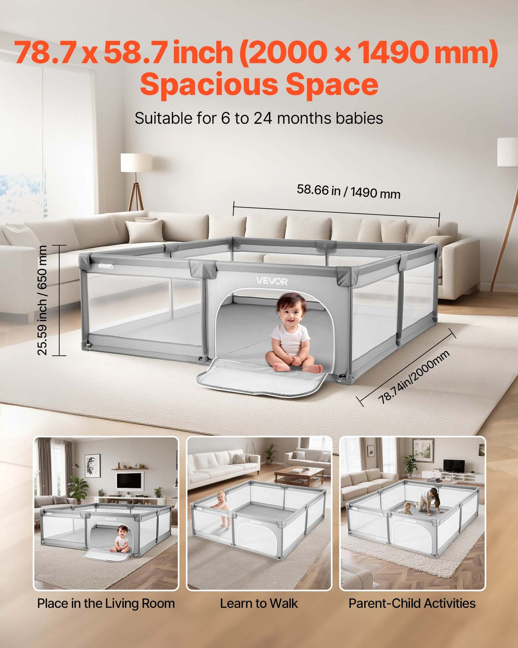 Baby Playpen, 2000 x 1490mm Large Toddlers Playpen, Indoor/Outdoor